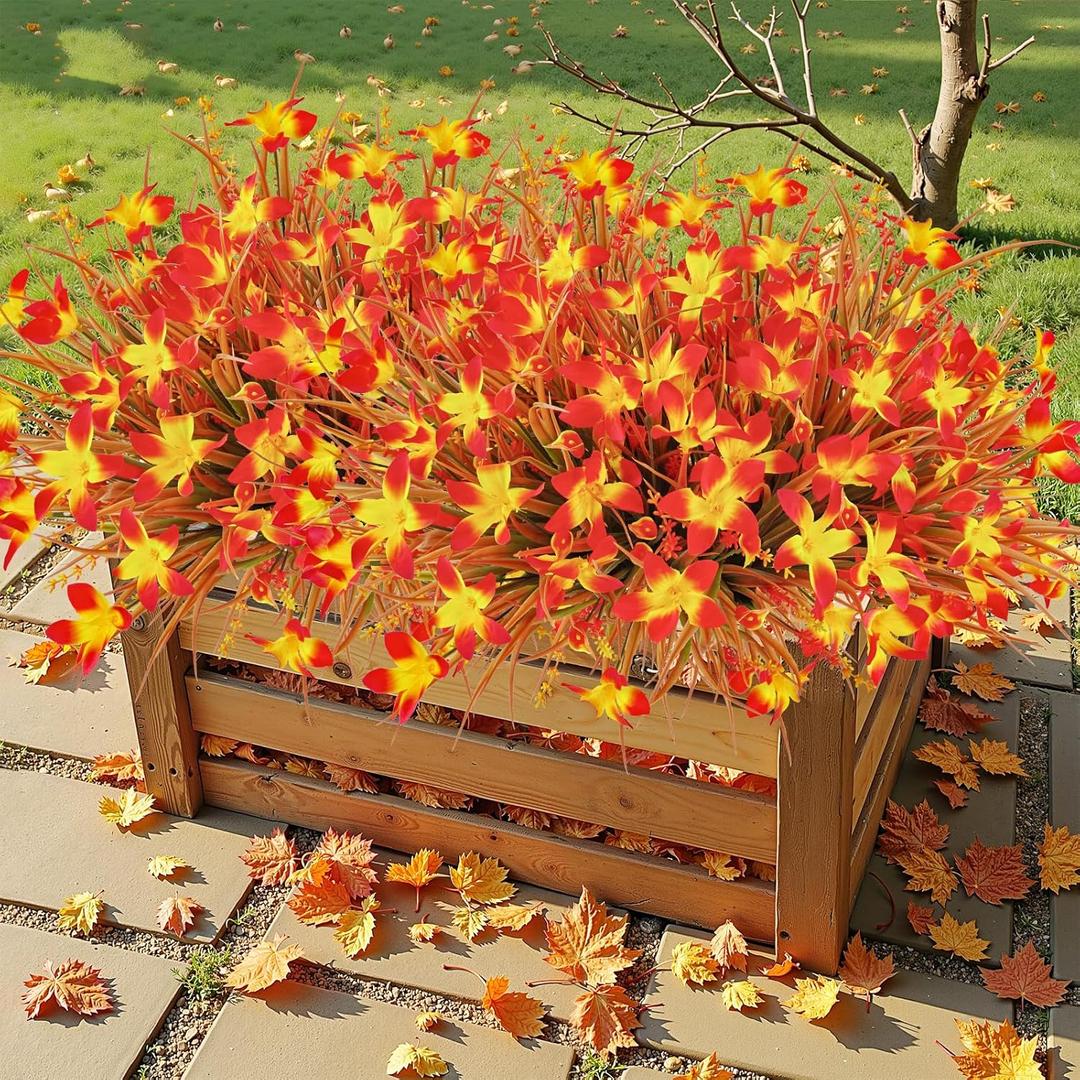 Uieke 72PCS Artificial Mums for Outdoors Fake Fall Outdoor Lavender Flowers Orange Calla Lilly and Autumn Daisy Mums Flowers No Fade for Outside Window Box Porch Planters Garden Thanksgiving Decor