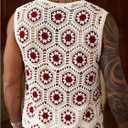 Men's Floral Crochet Shirts Hollow Out Button Down Sleeveless Knit Top Summer Beach Vacation Cruise Shirts (S)