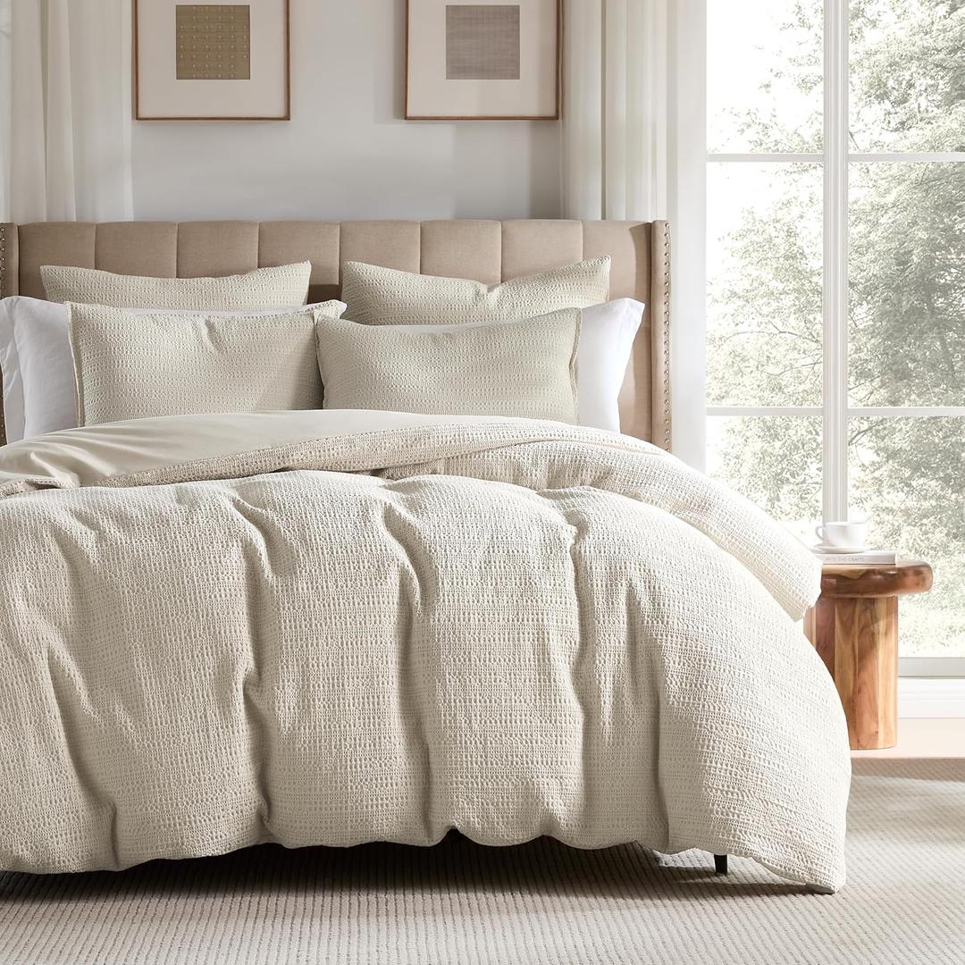 WDCOZY 100% Cotton Luxury Honeycomb Duvet Cover Set Queen Size with Hidden Zipper, Neutral Beige Waffle Weave Bedding, Textured Soft and Breathable Washed, Linen Like, 3 Pieces, 90x90 inches