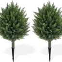 23.6'' Artificial Cedar Topiary Ball Tree with Ground Spike, Set of 2 Artificial Bushes UV Resistant Artificial Cypress Shurbs Fake Evergreen for Outdoor-Fake Bushes Home Front Porch Office Decor