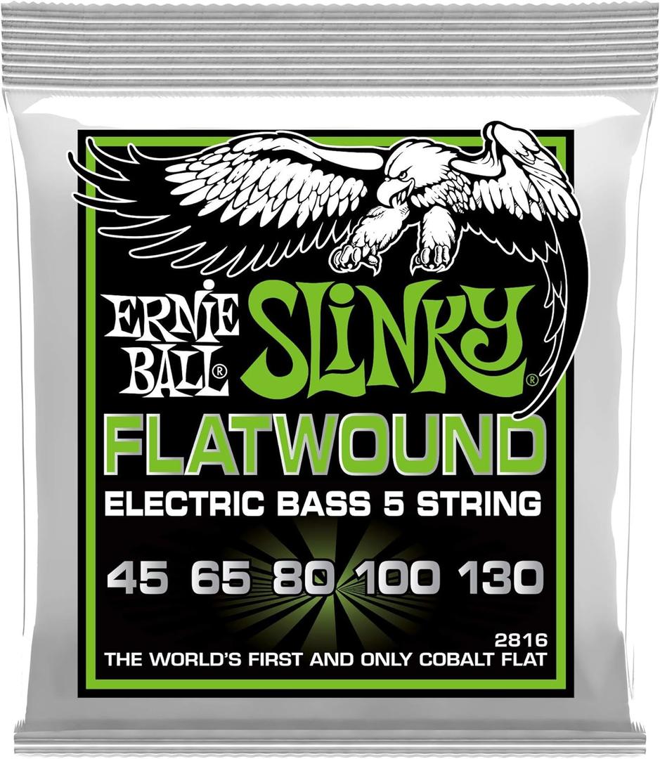 Ernie Ball 5-String Regular Slinky Flatwound Bass Guitar Strings, 45-130 Gauge (P02816)