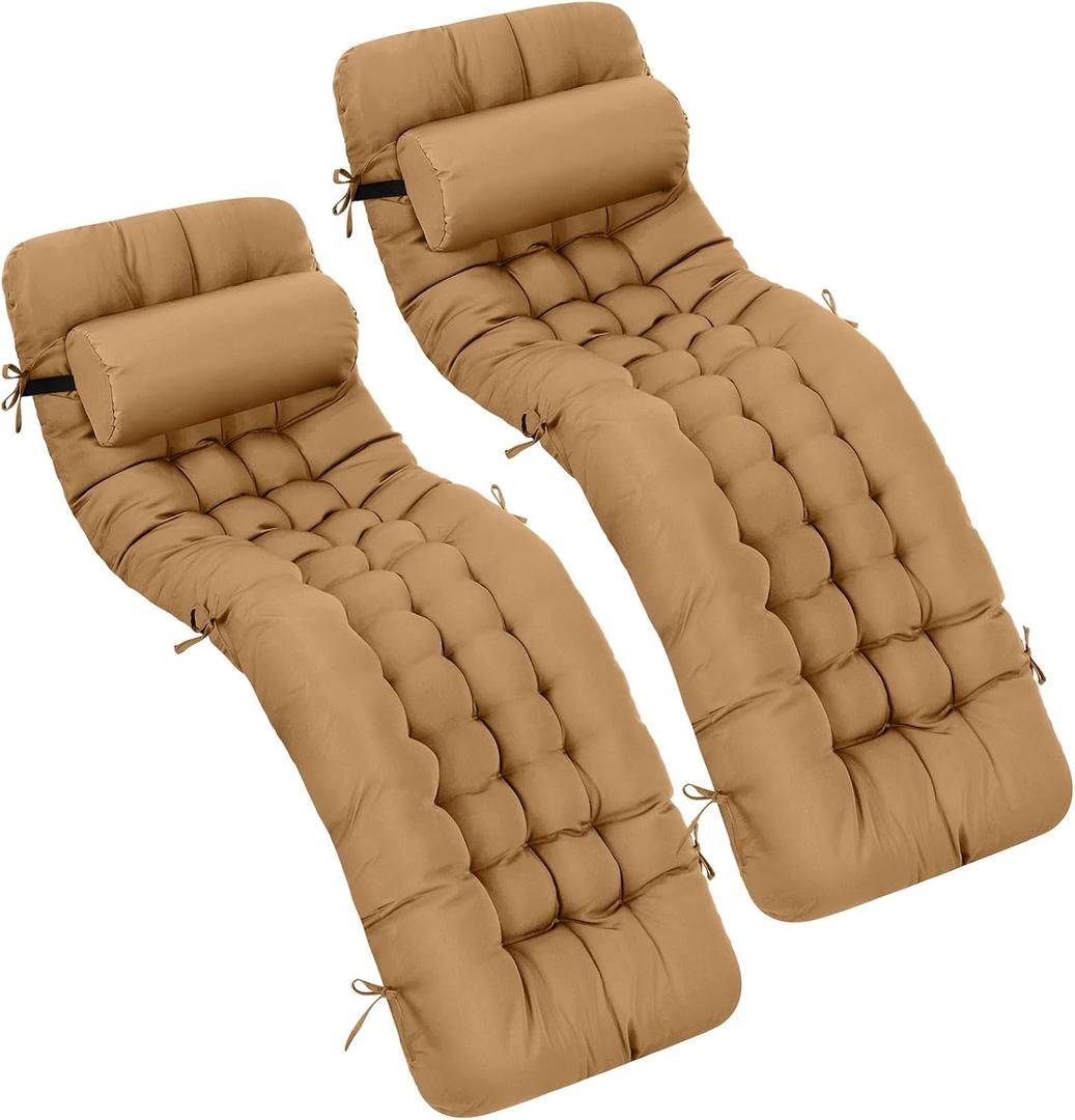 Tudomro Outdoor Chaise Lounge Cushion 66x21x4'' Waterproof & Fade-Resistant Patio Pool Chaise Lounge Cushion Headrest Pillow Tie Replacement Rocking High Back Chair(Brown,Set of 2)