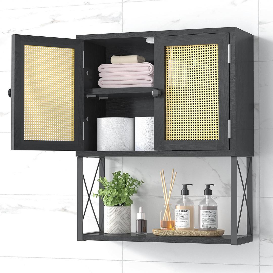 Bathroom Wall Cabinet, Bamboo Over-The-Toilet Storage Organizer with Rattan Doors Space Saver Medicine Cabinet for Laundry, Kitchen, Living Room (Black)