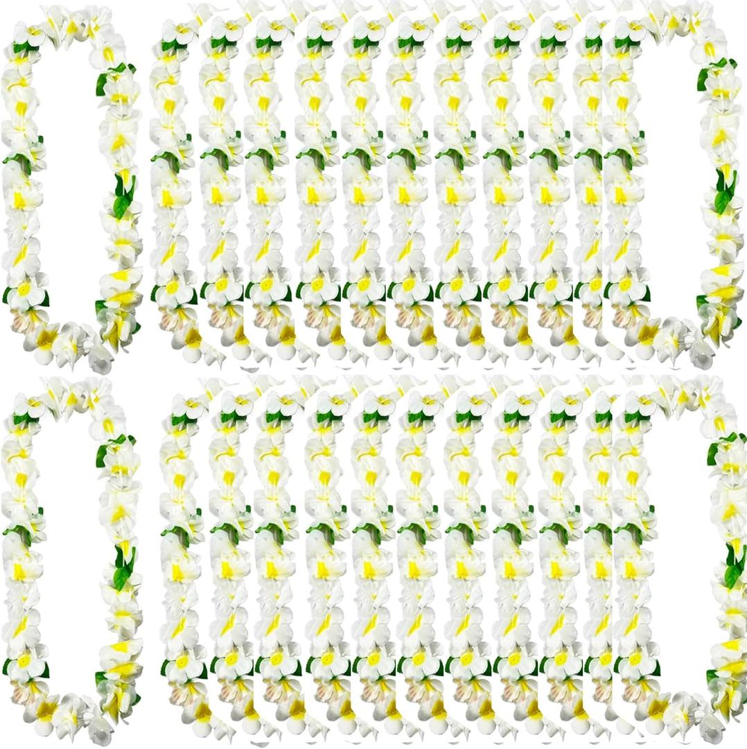 24Counts Thickened Hawaiian Leis Bulk, White Wedding Flower Leis for Luau Party Baby Showers Floral Hanging Garland Hula Dance Hawaii Costume Graduation Lei Fall Bridal Shower Accessories (White With Green Leaves)