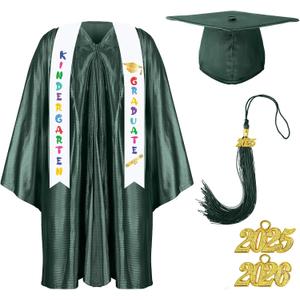 Foaincore 2025 Year Preschool and Kindergarten Graduation Gown Cap Tassel Set with 2025 Charm Printed Stole Grad Gift (30, Dark Green)