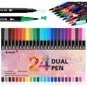 Aen Art Dual Brush Markers for Adult Coloring Books, 24 Colored Fine Point Marker Pen for Note taking Planner Hand Lettering Calligraphy Drawing Journaling