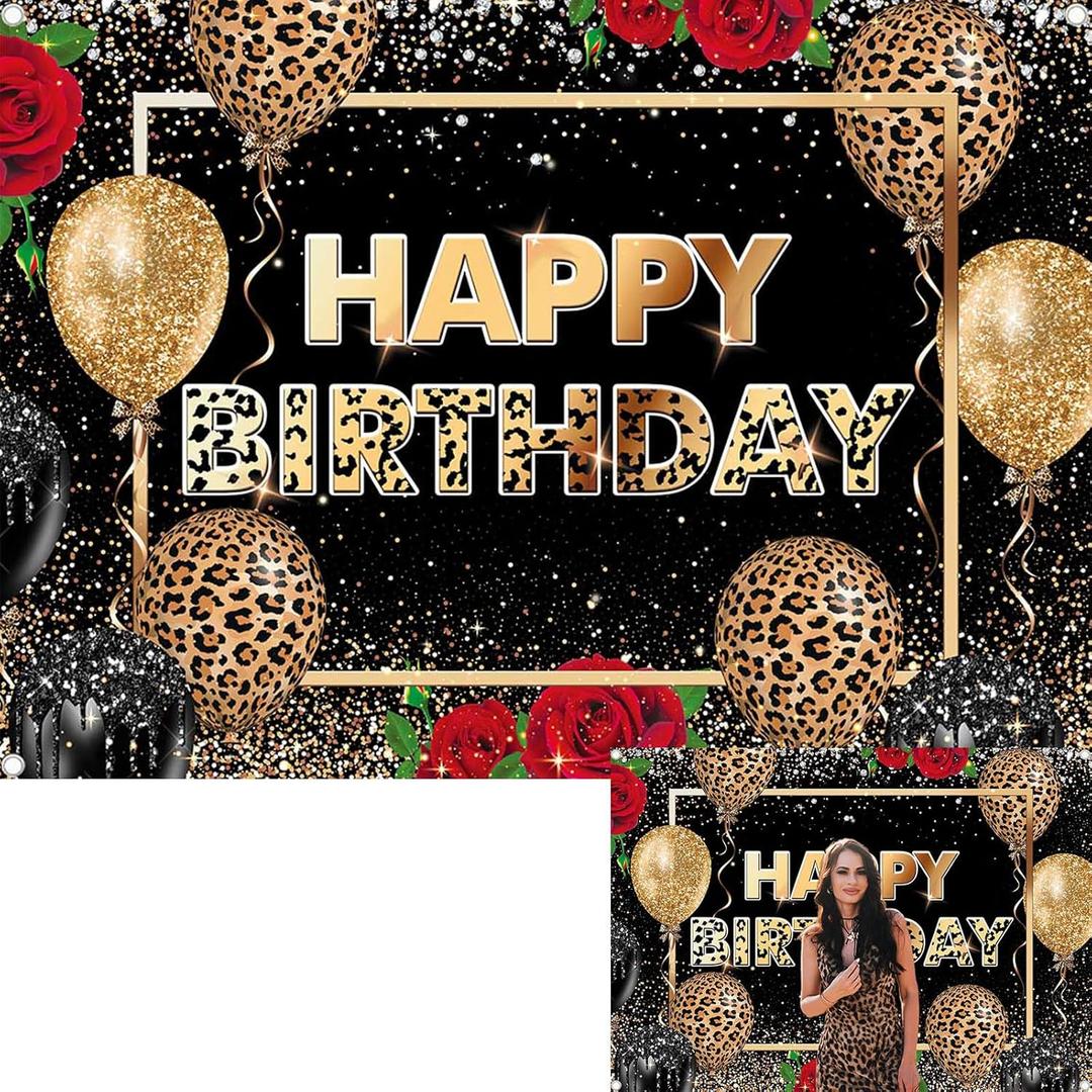 Leopard Birthday Backdrop Black Gold Leopard Print Happy Birthday Photography Background Red Rose Adult Party Decorations Banner Photo Props (7x5FT(2.1m x 1.5m))