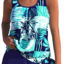 Modlily Modest Two Piece Tankini Swimsuits, Tropical Plants Print Bathing Suits, Casual Tank Top with Board Shorts, L