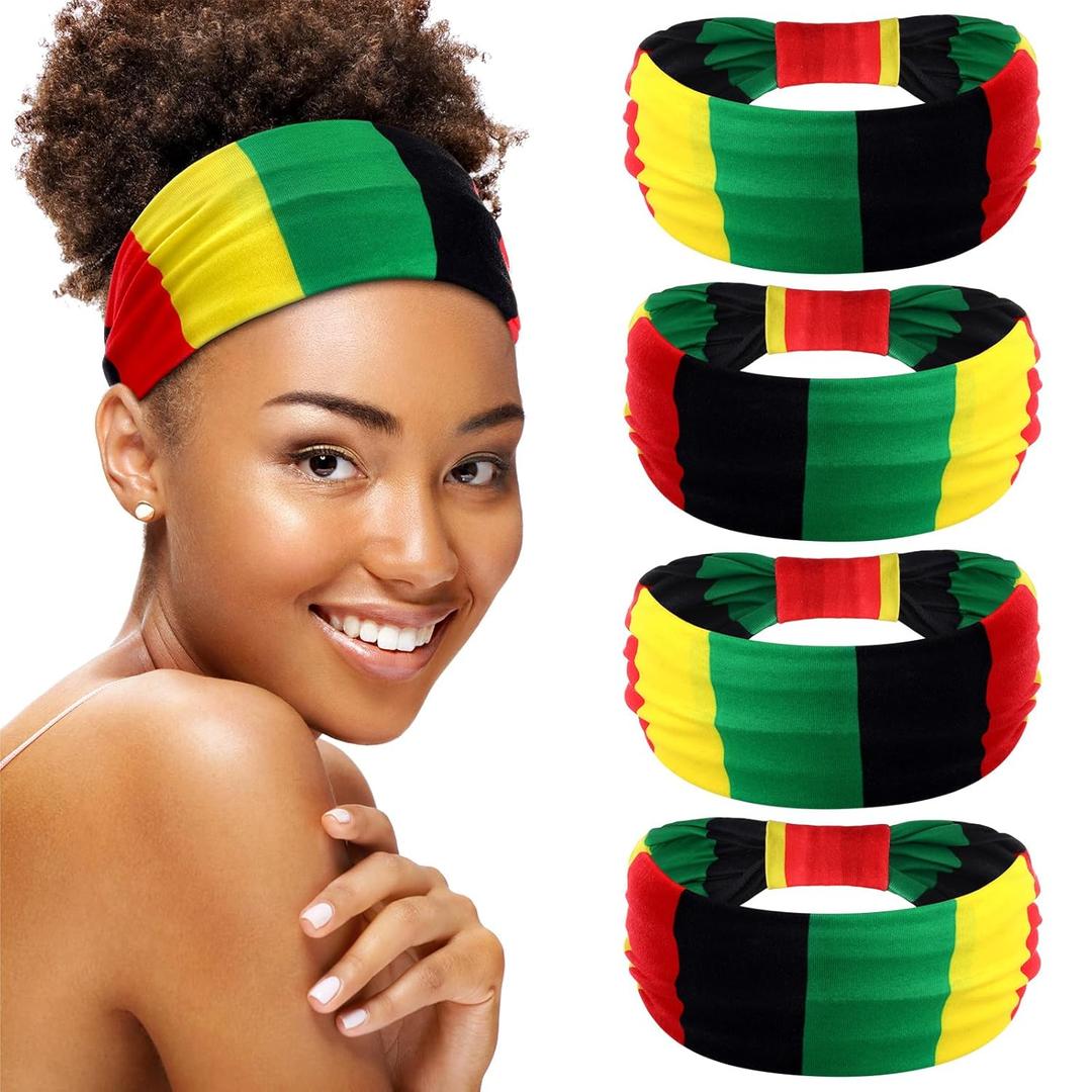 Hoteam 4 Pack Juneteenth Headbands Rasta Headband Pan African Jamaica Juneteenth Hair Accessories Red Black Green African Colors Headwrap for Women Workout Party Parade Outfits(Red Yellow Green Black)