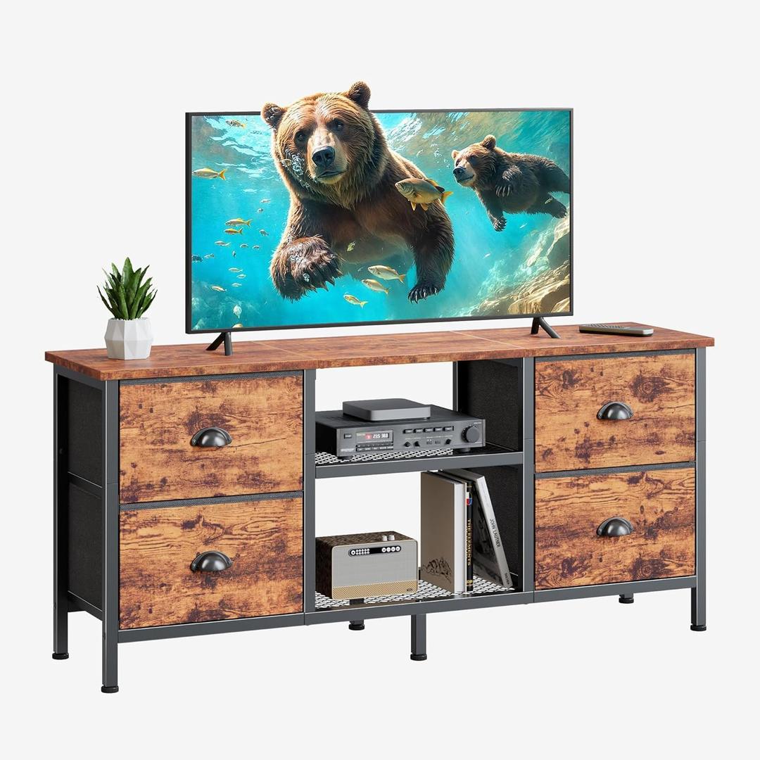 Furologee TV Stand with 4 Drawers, 43 Inch Entertainment Center with Open Shelves, Media Console Table for 50" TV, Television Stand for Bedroom, Living Room/Rustic Brown