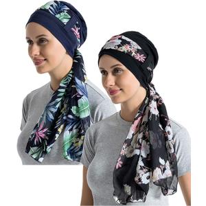 Bamboo Cotton Liner Chemo Headwear for Womenwith Silky Scarfs for Cancer Hair Loss Sleep Caps Beanie (Black+Navy Blue, 2 Pair, One Size Fit Most)