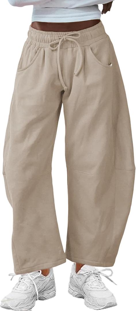 Hongsui Women's Barrel Leg Pants Elasticated Waistband Soft Wide Leg Pants with Pockets Casual Sweatpants (X-Large, Khaki)