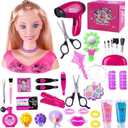 Doll Head Hair Styling Makeup Girls Toys Kids Pretend Play Beauty Set with Real Washable Cosmetics Hairdryer Curling Hairpins Accessories Birthday Gifts for Girls 3 4 5 Years Old