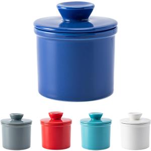 Husfunov Butter Crock with Water Line for Countertop, French Butter Dish with Lid, Ceramic Butter Keeper for Fresh Spreadable Butter, Butter Container Holder for Kitchen and Home Decor, Dark Blue