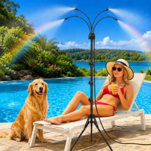 Upgraded Standing Misters for Outside Patio, 6FT Height Adjustable Outdoor Misting System, Portable Cooling Mister with Tripod, Brass Nozzles & 26FT Hose, Sprinkler for Tanning Backyard, Garden, Pets