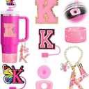 7PCS Stanley Cup Accessories Set - Pink Tumbler Initials Decorations for 30oz 40oz, Includes Bow Straw Topper, Handle Charm, Letter Sticker, Silicone Boot, Spill Proof Stopper Pack of 2