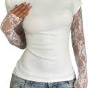 SHENHE Women's Lace Long Sleeve Boat Neck Fitted Tee Fake Two Piece Y2k Going Out Crop Top (White, XS)