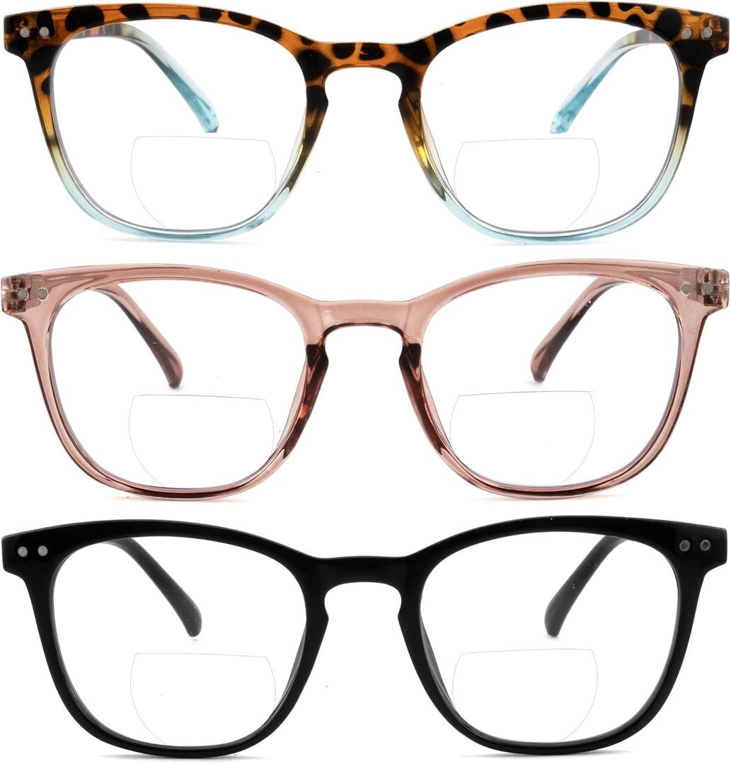 Ryegis 3-Pack Retro Square Bifocal Reading Glasses Women,Spring Hinge Computer Readers,Anti UV Ray Blue Light Blocking Eyeglasses 1.75