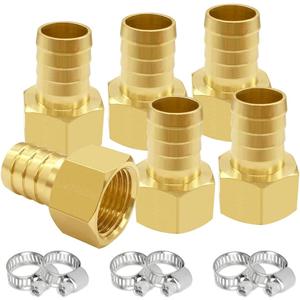 Uenede 6PCS Brass Hose Barb Fittings 1/2" NPT Female to 1/2" Barb Adapter Connector Include 6 Stainless Steel Clamps for Water/Oil/Gas