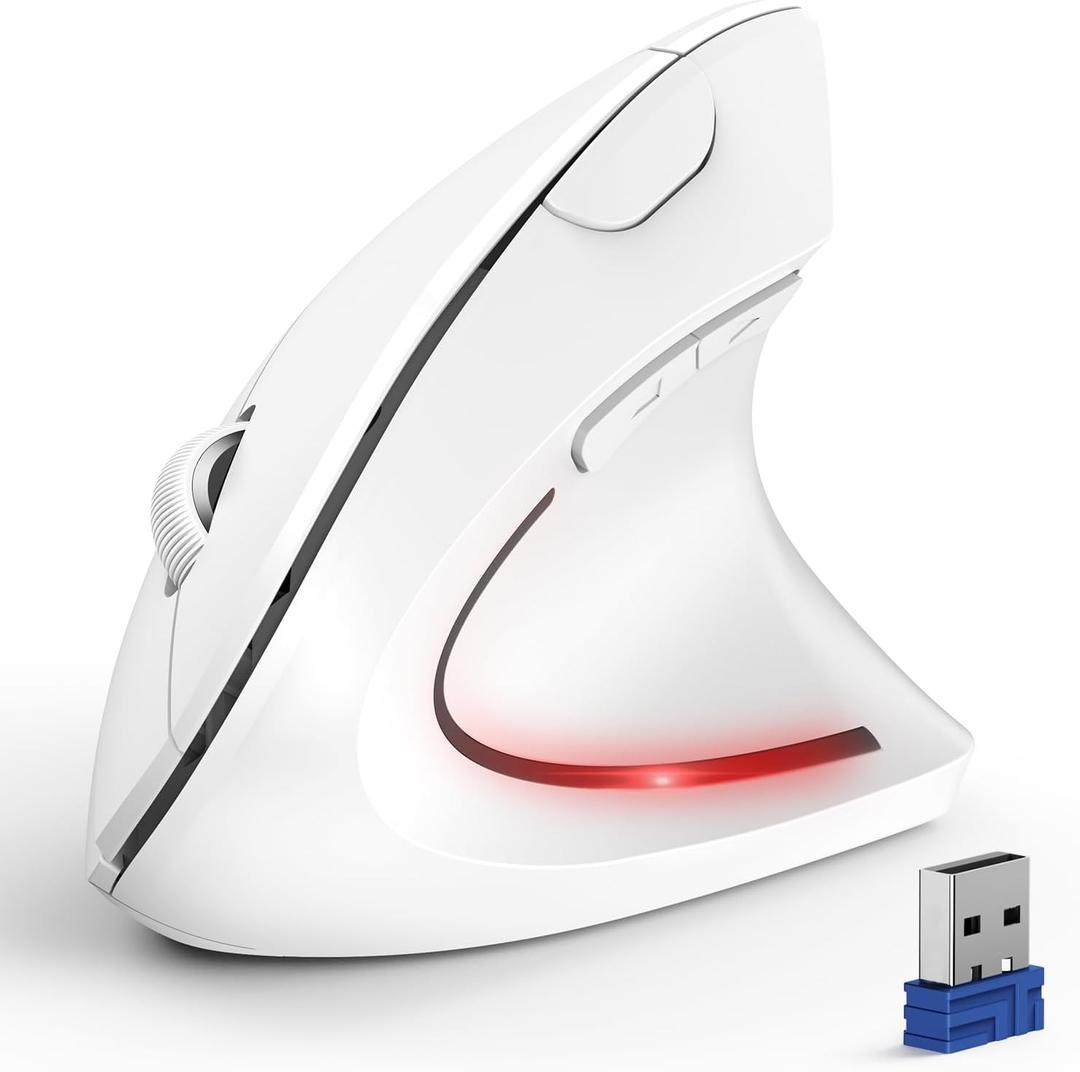 TECKNET Ergonomic Mouse, Wireless Bluetooth Vertical Mouse, 4800 DPI Optical Tracking, 6 Adjustable DPI, Quiet Clicks, 2.4GHz with USB A Receiver, 12 Months Battery, 6 Buttons, Wide Compatibility (White)