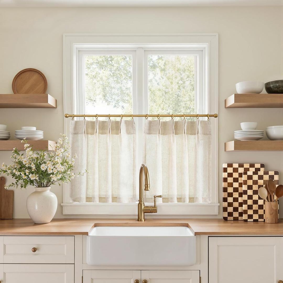 jinchan Linen Pinch Pleated Kitchen Curtains 20 Inch Natural Linen Tier Curtains Back Tab Farmhouse Cafe Style Light Filtering for Bathroom Laundry Room Small Window 2 Panels Beige