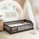Bellemave Queen Size Montessori Floor Bed with Rails, Pine,Rubber Wood Floor Bed with slats and a Small Door, Espresso