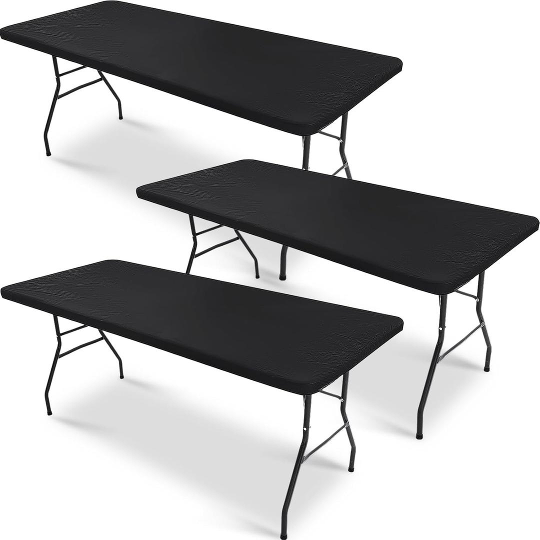 Oudain 3 Pcs Plastic Picnic Table Cover Checkered Tablecloth Fitted Rectangular Table Cloth 30 x 72 Inch Vinyl Waterproof Flannel Backed with Elastic Rim for Indoor Outdoor Picnic Party(Black)
