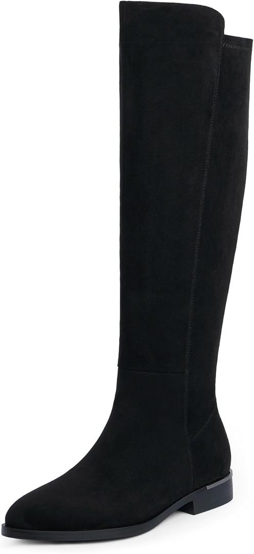 Modatope Knee High Boots Women Flat Rounded Toe Stretchy Boots Side Zipper Dress Tall Boot (6.5, A-suede Black)
