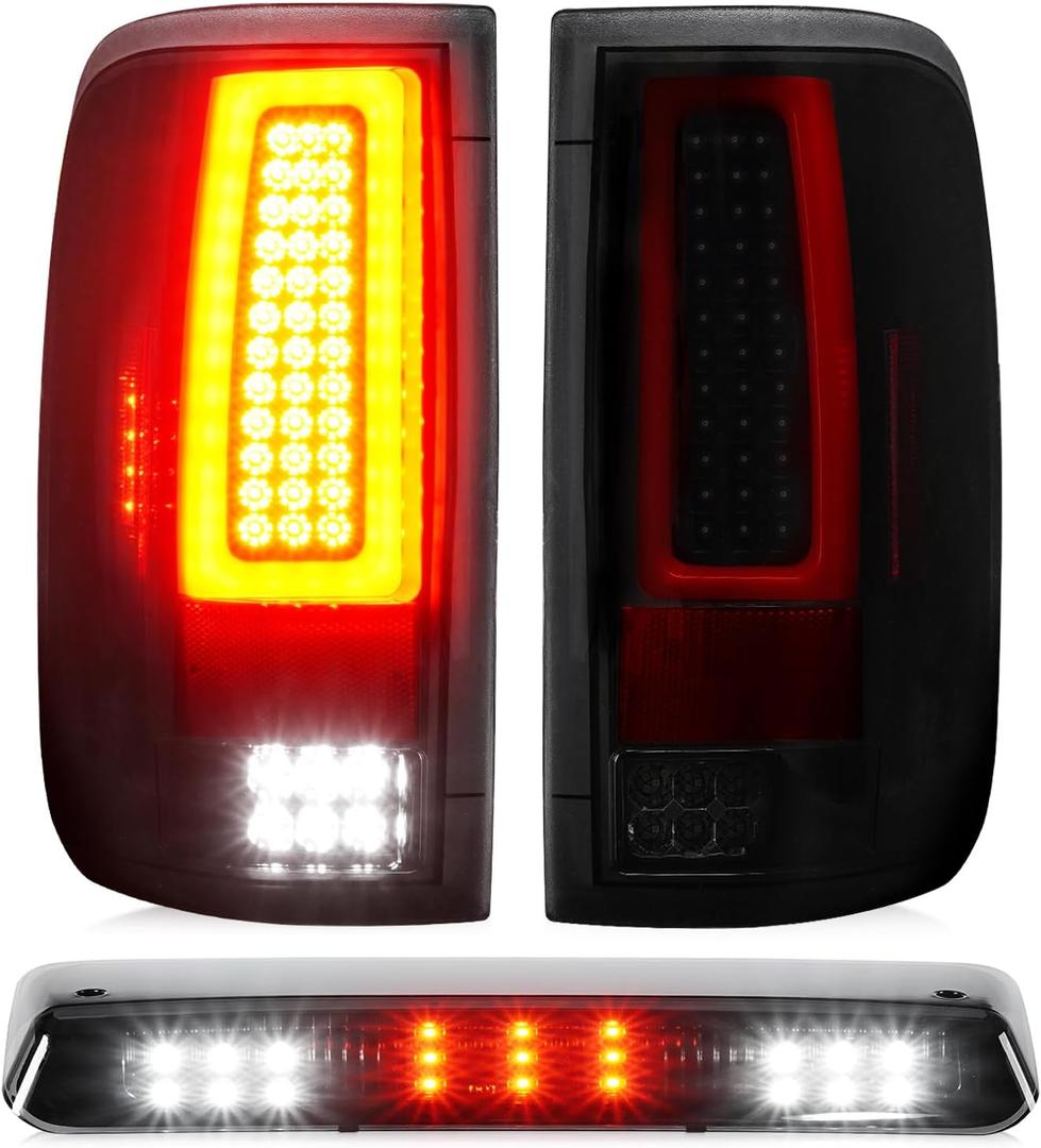 LED Tail Lights + 3rd Brake Light Compatible with Ford F150 2004-2008 Fleetside/Styleside Bed Model (Fit Factory Halogen Type) Rear Brake Lamp Taillights Assembly, Black Housing Smoke Lens