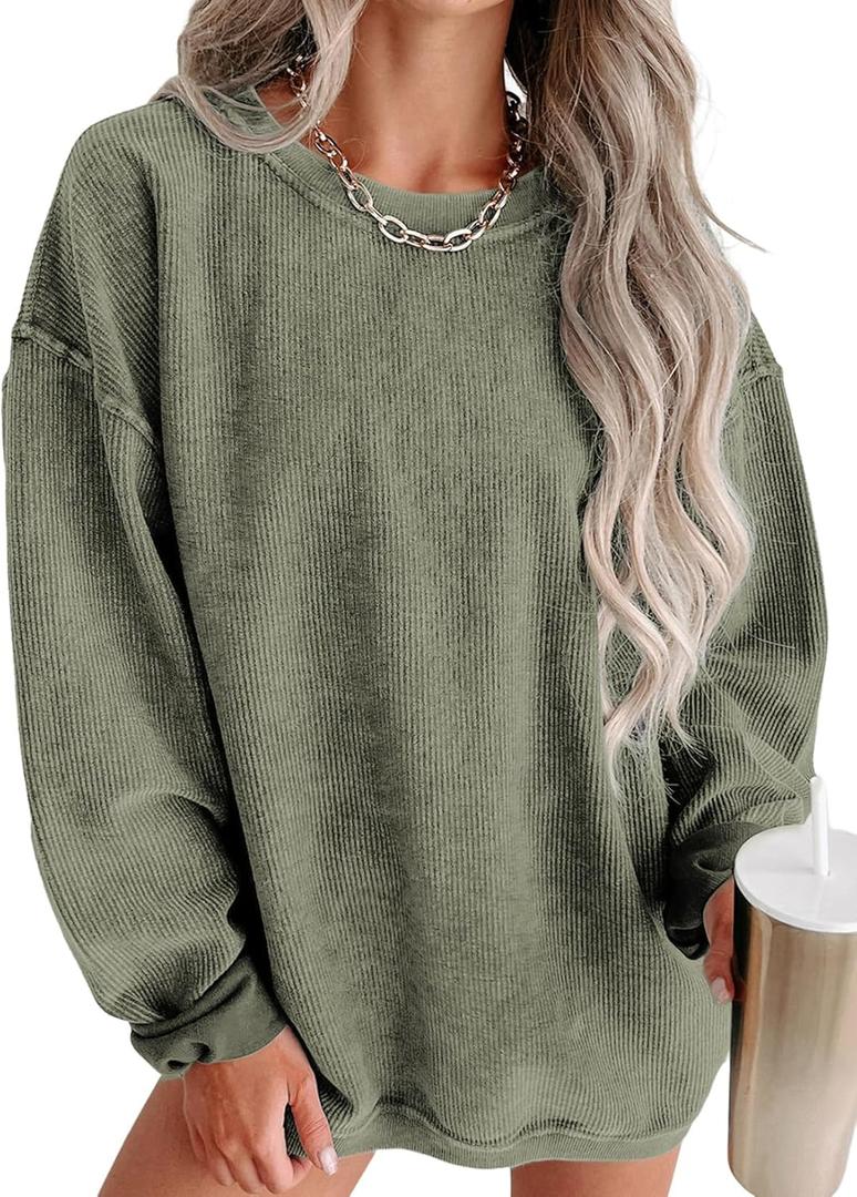 SHEWIN Women Casual Oversized Long Sleeve Crewneck Sweatshirts Pullover Tops, Size L (Darkgreen)