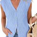 BTFBM Vest Tops for Women Summer V Neck Button Loose Lightweight Cardigan Knit Cap Sleeve Sweater Vests Fashion Clothing(Light Blue, Medium)