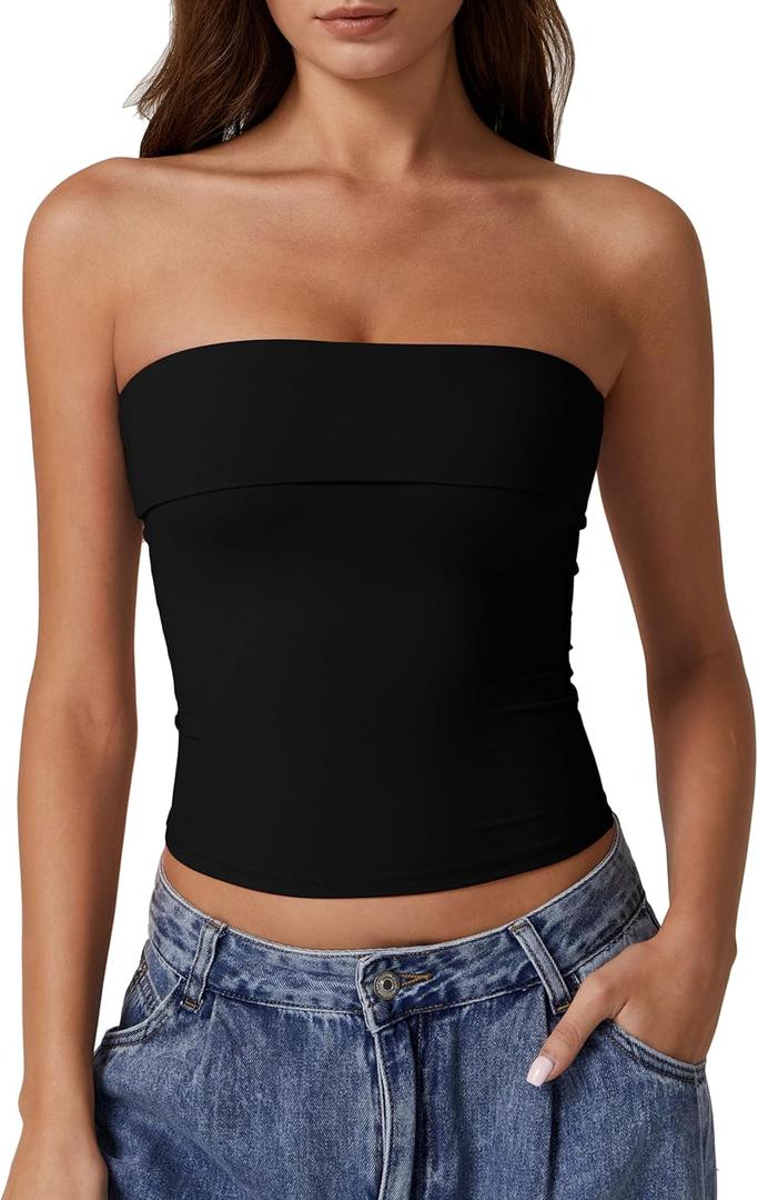 QINSEN Women's Tube Tops Strapless Bandeau Tops Double Lined Slim Fit Summer Going Out Tank Tops (Black)