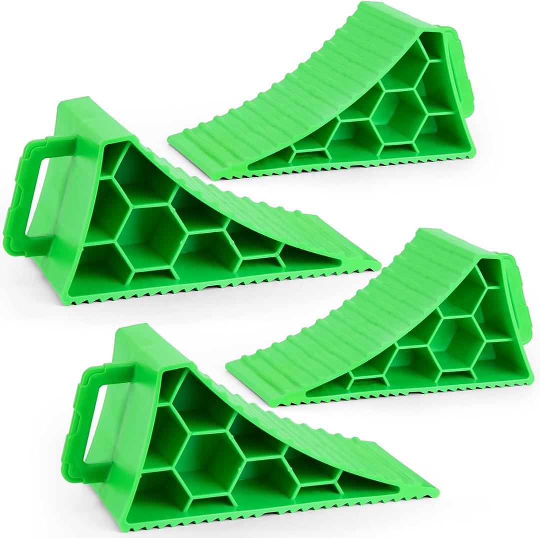 PAHTTO Wheel Chocks 4 Pack, RV Chocks with Handles for RV Trailer Camper Car Truck, Wheel Block Stopper for Tire, Strong RV Wheel Chocks Hexagonal Honeycomb Structure, RV Trailer Accessories, Green
