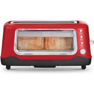 DASH Clear View Toaster - Compact Design with 7 Browning Levels & Clear-View Window, Extra-Wide Slot Large Toaster, 1-Touch Defrost, Reheat & Bagel Functions - Easy Clean Up Crumb Tray (Red)