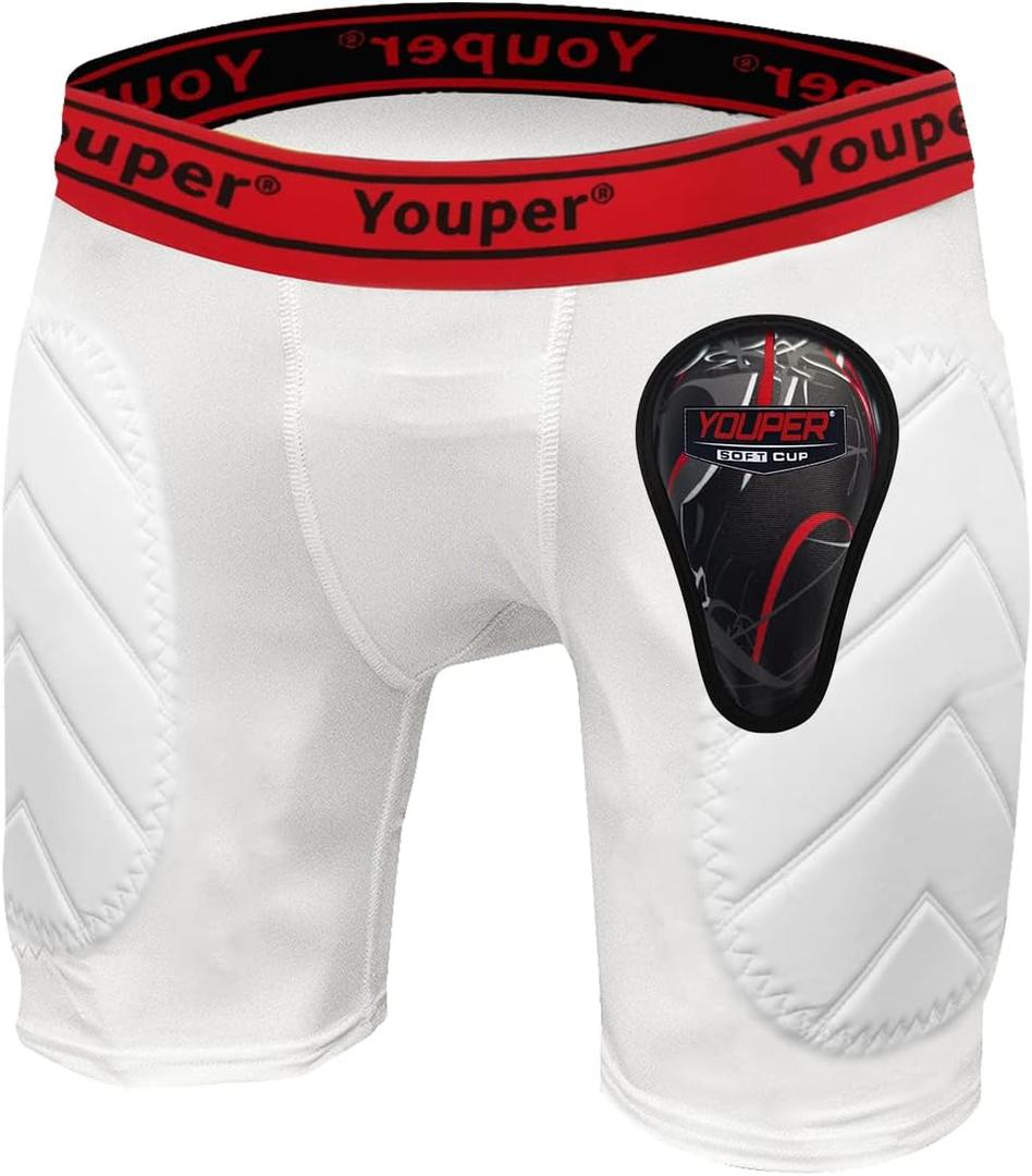Youper Boys Youth Padded Sliding Shorts with Soft Protective Athletic Cup for Baseball, Football, Lacrosse (X-Large, White Red)