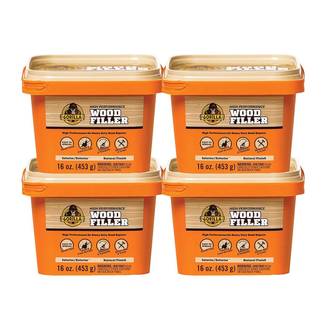 Gorilla All Purpose Wood Filler, Natural Finish, 16 Ounce Tub (Pack of 4) - Water Resistant for Indoor or Outdoor Projects and Repairs