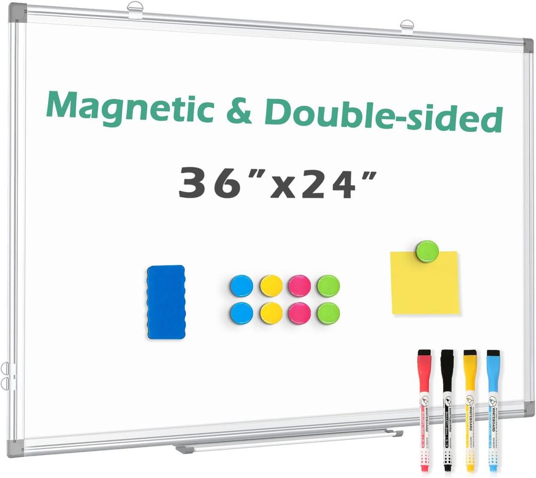 Double Sided Magnetic White Board, 36"x24" Dry Erase Whiteboard for Wall with Aluminum Frame Presentation Board for School, Office and Home (Silver)