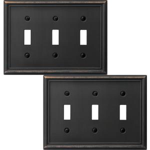 OKAWYC Triple Toggle Light Switch Cover Luca Metal Wall Plate, 2-Pack Aged Bronze 3 Gang, Light Switch Cover Decorative Wallplate, Durable