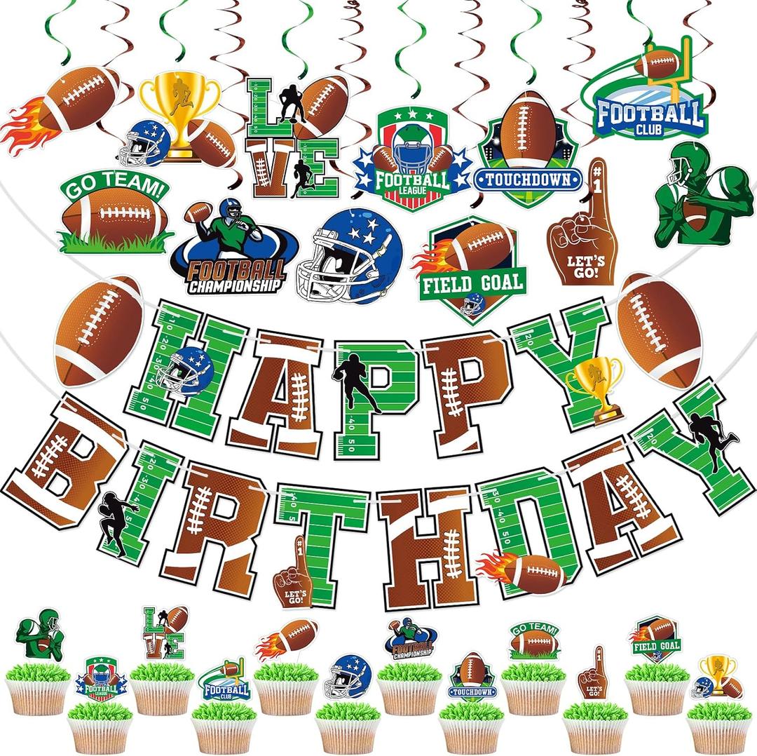26Pcs Football Happy Birthday Banner, Football Cupcake Toppers and Hanging Swirl Decorations, Pre-strung Football Birthday Decorations Tailgate Party Decorations