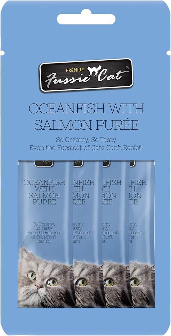 5 x Fussie Cat Ocean Fish and Salmon Puree, lickable cat Treats, 0.5oz Pouch Pack of 4, BBD: 03/08/26