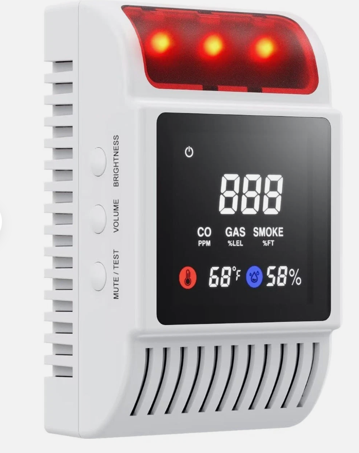 6-in-1 Smoke Carbon Monoxide Detectors Plug in Gas Leak Temp/Humidity Backup Bat