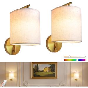 Rechargeable Battery Operated Wall Sconces Set of 2 Wireless Wall Lights with Remote Control 12 RGB Colors Magnetic Bulbs 5200mAh Battery Wireless Sconces for Bedroom Living Room (Gold) (Size: 9 inch, Base: Round)