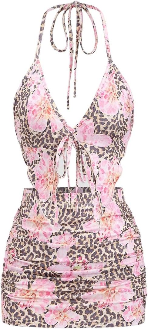 Women's 2 Piece Skirt Sets Floral Leopard Print Tie Front Split Halter Tops and Mini Skirts Rave Outfits, (Pink, L)