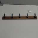 17 Inch Walnut Wood Wall Mounted Coat Rack with 5 Black Hooks, Adhesive Mounted Entryway Hooks, Modern Natural Wooden Pegs for Hanging Coat Clothes Hat Bag Purse Key and Towel