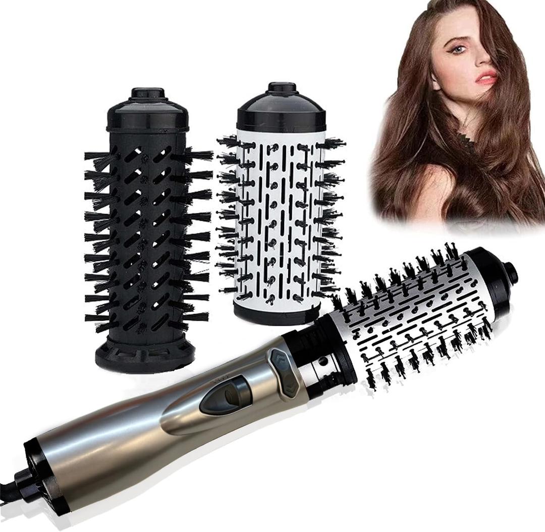3-in-1 Hot Air Styler & Rotating Hair Dryer Brush with 2 Interchangeable Brushes | Anti-Frizz Ionic Technology for Straightening, Drying & Curling | 3 Heat Settings & 360 Rotation (Silver)