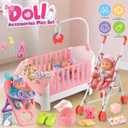 Baby Doll Crib and Stroller Accessories Play Set with 11" Baby Doll,Dining Chair,24 PCS Dolls Accessories and 2 Sets Clothes,Realistic Pretend Play for Girls Kids 3-5 4-6 5-7 Year Gifts
