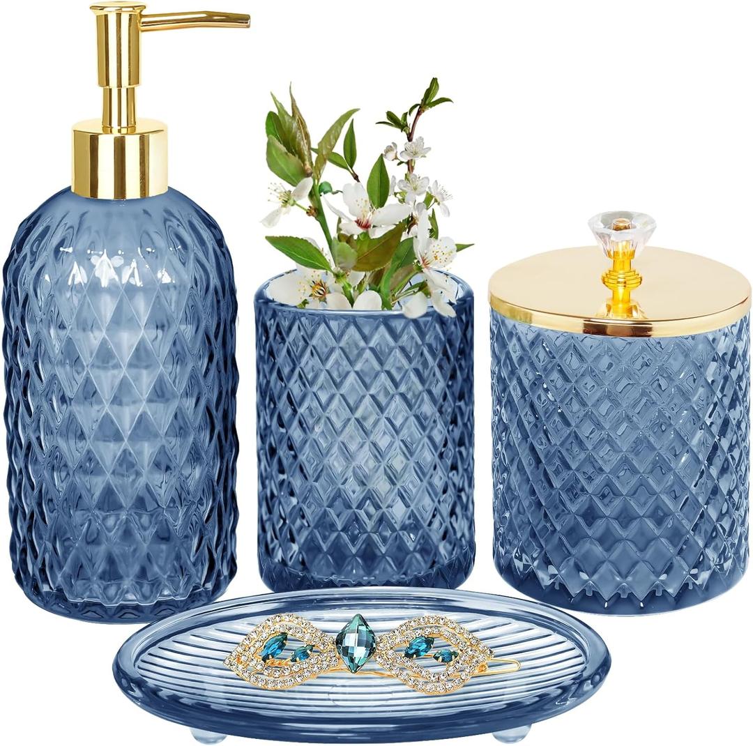 Blue Bathroom Accessories Set, 4Pcs Glass Bathroom Accessory Set Complete w/Lotion Soap Dispenser, Toothbrush Holder, Qtip Holder, Soap Dish, Gold Bathroom Decor Sets, Gift for Home Apartment
