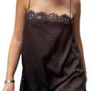Women Satin Lace Trim Cami Top Elegant Square Neck Spaghetti Strap Tank Tops Silky Side Slit Flowy Camisole M