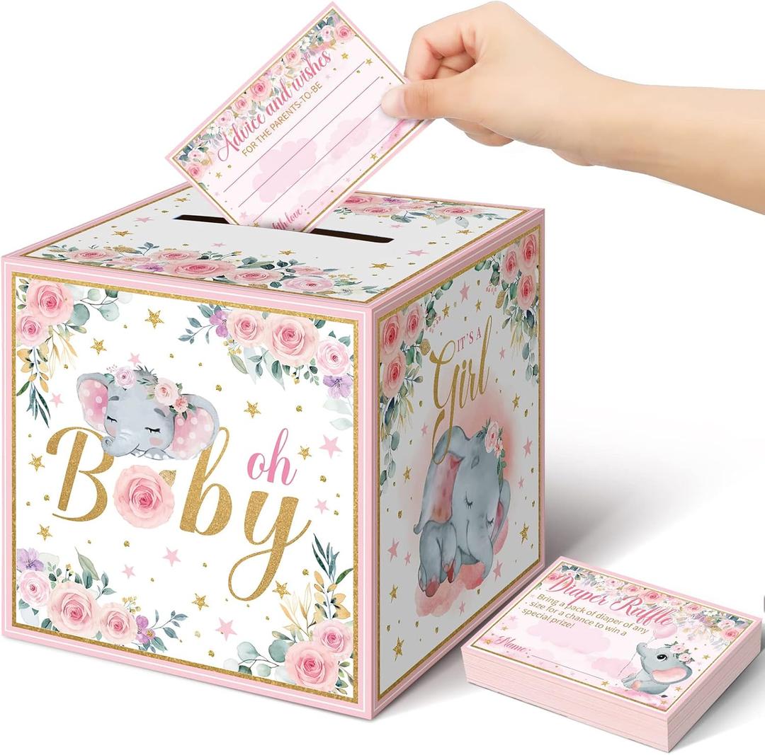 Kisston 51 Pcs Elephant Diaper Raffle Box for Baby Shower with Tickets Pink Diaper Raffle Box Elephant Card Sign Gifts for Floral Gender Reveal Party Favor