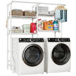 ULIFHOME U14 Over Washer and Dryer Storage Shelves, 4 Tiers Laundry Room Storage and Organizer System, Space Saving Clothes Drying Rack with 2 Clothes Hanger Rods, 66.5" W x 20.5" D x 77.4" H, White